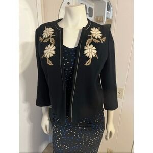 Vintage 1970s Susan Thomas Knitwear 100% Wool Embellished Open Front Black Sweat